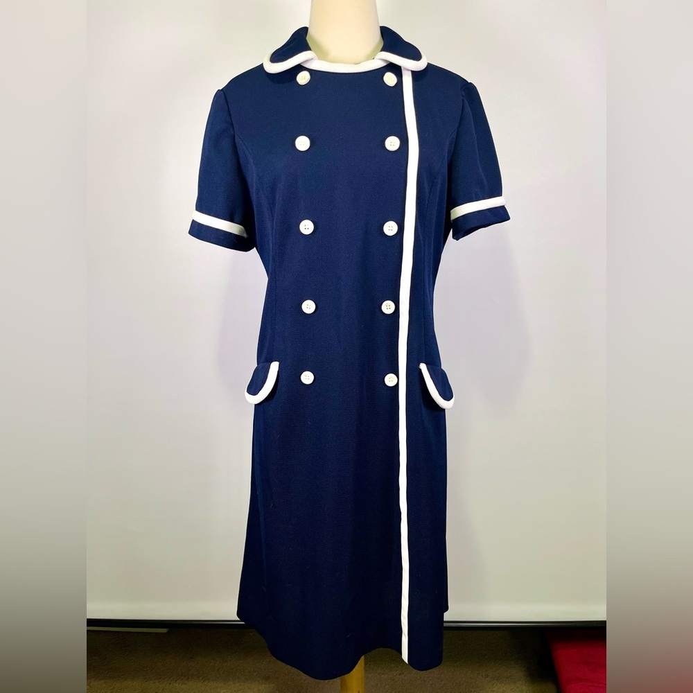 Vintage 70s Navy Blue Mod Sailor Dress Peter Pan Collar Double Breast Nautical